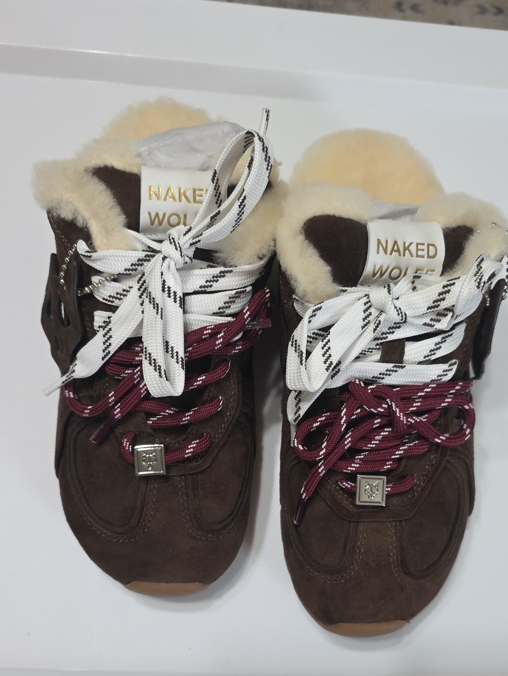 Naked Wolfe Brown Suede Sherpa-Trim Lace-Up Slippers with Burgundy & White Laces
